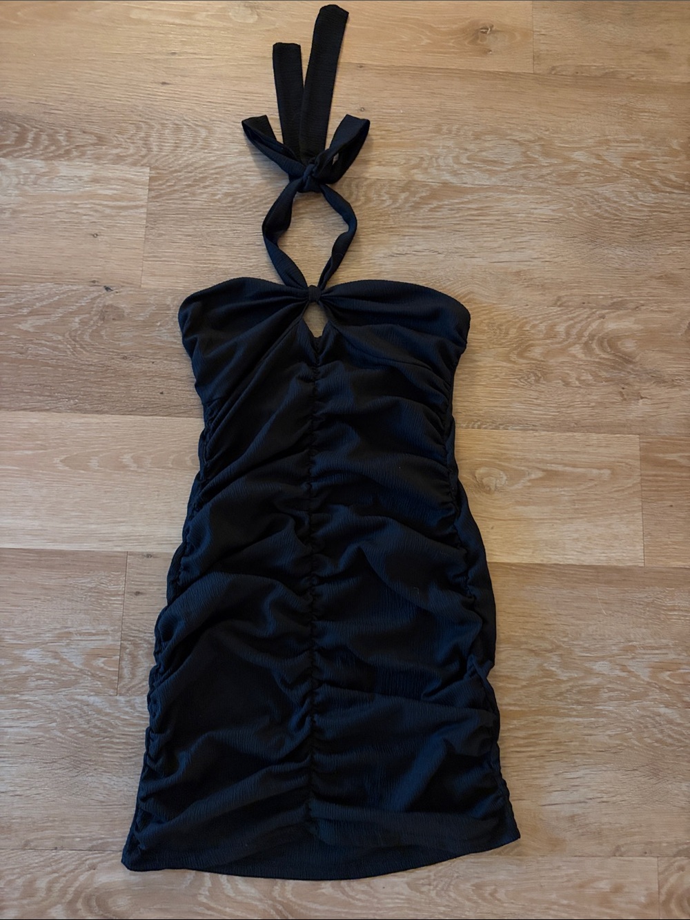SHEIN Black Ruched Halter Tie Mini Dress